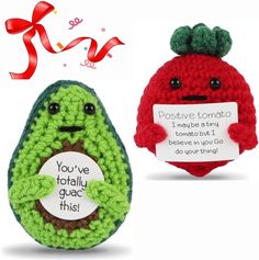 two crocheted stuffed animals one with a sign that says you've totally got this