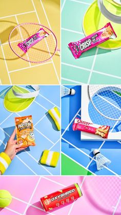 four different shots of various snacks and tennis rackets