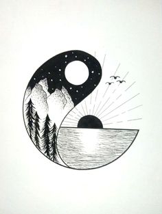 a black and white drawing of the sun rising over water with pine trees on it