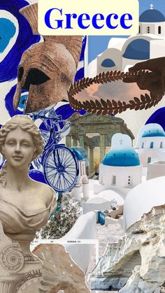 the collage is made up of many different things in blue, white and grey