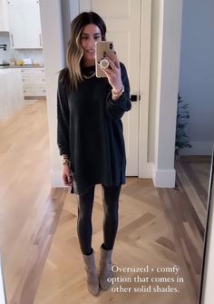 Black Dress And Leggings Outfit, Black Dress With Leggings Outfit, Black Leggings Business Casual, Professional Mom Outfits, New Years Comfy Outfit, High Heel Chelsea Boots Outfit, Professional Leggings Outfit Work, All Black Hairstylist Outfits, Leggings And Dress Outfit