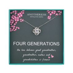 PRICES MAY VARY. GREAT GRANDMA GIFTS: Celebrate the infinite bond between four generations. From grandmother, mother, grandchildren. Let her know that being a great grandma is a great achievement. Great for grandma birthday gift from granddaughter or grandson. MATERIALS: This necklace jewelry is made of 925 sterling silver, four surrounding surfaces are covered in small CZ (cubic zirconium) stones for a touch of sparkle, to make it truly eye-catching. This necklace will make you beautiful and sp Gifts For Grandaughters, Mothers Day Jewelry, Great Grandma Gifts, Birthday Gifts For Grandma, Grandmother Gifts, Makes You Beautiful, Jewelry Birthday, Birthday Jewelry Gift, Mom Daughter