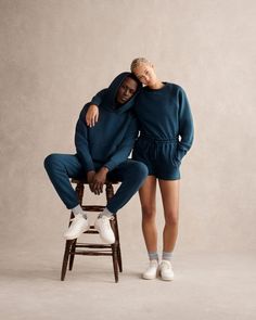 Collaboration Photography, Loungewear Photoshoot, Streetwear Photoshoot Ideas, Couples Streetwear, Streetwear Photoshoot, Studio Photography Poses, Blue Sweatpants, Aime Leon Dore