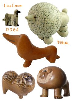 four different animal figurines are shown in this image, including a dog and a sheep