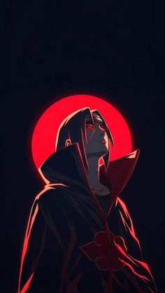 an anime character with a hoodie on in front of a red sun and black background