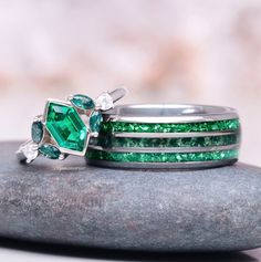 Introducing our exquisite Hexagon Emerald & Moss Agate Couples Ring Set, a perfect symbol of unity and everlasting love. This unique set features two beautifully crafted rings designed to complement each other, just like you and your partner. ►Her Ring: *Material: 925 solid sterling silver with rhodium finish.  *Design: Elegantly set with a striking hexagon-shaped emerald, surrounded by the natural beauty of moss agate accents, this ring is a timeless piece that exudes grace and sophistication. Wedding Diamond Ring With Polished Emerald, Emerald Diamond Ring With Polished Finish For Wedding, Wedding Emerald Diamond Ring With Polished Finish, Silver Stackable Emerald Cut Rings For Wedding, Wedding Emerald Ring Fine Jewelry, Polished Emerald Ring For Wedding, Wedding Emerald Ring Fine Jewelry Polished Finish, Wedding Emerald Ring With Polished Finish, Wedding Emerald Ring In Fine Jewelry Style