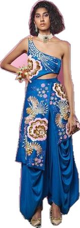 Blue Party Wear Sets For Evening, Blue Festive Evening Sets, Festive Evening Blue Sets, Festive Blue Evening Sets, Blue Sets For Diwali Evening, Blue Hand Embellished Sets For Evening, Hand Embellished Pre-draped Saree For Party, Blue Sequined Pre-draped Saree For Party, Hand Embellished Blue Evening Sets