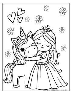 a girl hugging a unicorn with flowers and hearts in the background, coloring book page