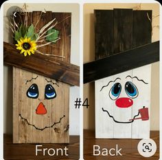 three wooden blocks with faces painted on them, one has a sunflower and the other is a scarecrow