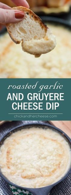 roasted garlic and gruyre cheese dip in a cast iron skillet with text overlay