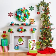 a christmas tree and presents in front of a fireplace with the words grinch approved christmas decorations swipe to shop