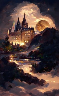 a painting of a castle in the sky at night with clouds and lights around it