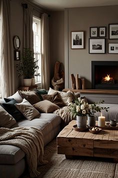 a living room filled with furniture and a fire place in the middle of the room