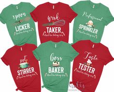 six t - shirts with different sayings on the front and back, all in green and red