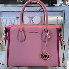 Michael Kors Mercer Medium Top Zip Color-Block Belted Satchel Crossbody Purse Electric Pink Multi Nwt Authentic Our Color-Blocked Mercer Satchel Proves That Style In The Details. The Belted Silhouette Opens To Reveal A Spacious Interior With Slip Pockets For Storing Your Phone And Wallet, While The Detachable Strap Can Be Removed So That You Can Hold It By The Top Handles. Carry It Day Or Night. Satchel Polyurethane Blend 75% Polyurethane/25% Polyester Gold-Tone Hardware 12”W X 9.5”H X 5.5”D Han Pink Bags Outfit, Red Satchel, Metallic Handbags, It Day, Michael Kors Mercer, Michael Kors Satchel, Leather Satchel Handbags, Satchel Tote Bag, Michael Kors Shoulder Bag