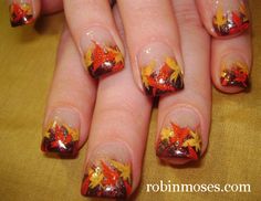 fall leaves red+orange nails...perfect for thanksgiving! Autumn Leaf Nails, Thanksgiving Nails Design Fall, Leaf Nails, November Nail Designs, Fall Leaves Nail Art, Thanksgiving Nail Designs, Thanksgiving Nail Art, Thanksgiving Nail, November Nails