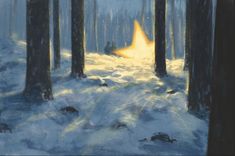 a painting of trees in the snow with a bright light coming from behind one tree