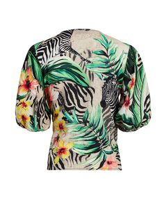 Tropical Prints, Tie Waist Top, Work Blouses, Puffed Sleeves, Printed Ties, Poplin Shirt, Petite Fashion, Tropical Print, Fabric Care