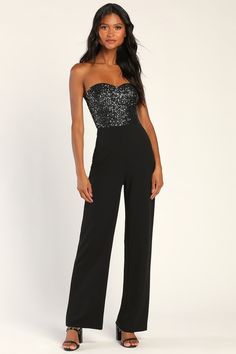 Cute Black Jumpsuit - Strapless Jumpsuit- Sequin Jumpsuit - Lulus Sequin Jumpsuit Outfit, Shoes For Wedding Guest, Glitter Jumpsuit, Sparkly Jumpsuit, Jumpsuit For Wedding Guest, Vegas Outfit, Strapless Bustier, Two Piece Jumpsuit, Strapless Sweetheart Neckline