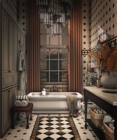 a bathroom with a checkered floor and tub