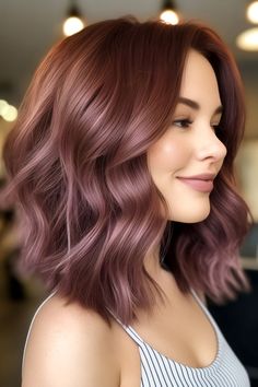 medium-length dusty plum hair colour, autumn hair colour idea Mushroom Mulberry Hair, Mauve Highlights In Brown Hair, Rose Gold Copper Hair Color, Light Plum Hair Color, Dusty Hair Color, Dark Rose Gold Hair Brown, Mauve Brown Hair, Dusty Mauve Hair Color, Hair Colors For Pale Skin And Blue Eyes