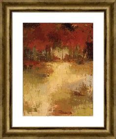 an abstract painting with red, yellow and brown colors on the bottom half of it