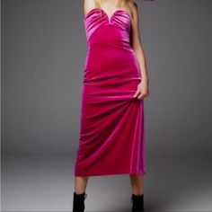 Size: Extra Small Brand: Zara Color: Fuchsia Pink Condition: Excellent (New With Tags) Material: Exterior: 93% Polyester, 7% Elastane, Lining: 100% Polyester Features: Velvet, Back Zipper, Back Slit, Strapless, Sweetheart Neckline Tags: Zara Pink Velvet Dress, Velvet Dress, Pink Dress, Back Slit Dress, Strapless Dress, Sweetheart Neckline Dress Velvet Midi Dress For Date Night, Chic Velvet Dress For Spring Evening, Summer Velvet Party Dress, Zara Midi Length Bodycon Dress For Date Night, Zara Pink Midi Dress For Night Out, Velvet Strapless Dress, Zara Velvet Dress, Pink Velvet Dress, Strapless Denim Dress