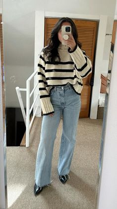 Striped sweater | fall fashion | outfit idea | fall trends | wide leg jeans | outfit inspo | casual outfit idea | date night outfit | back to school outfit | fall outfit idea | winter outfit Wide Leg Jeans Outfit Fall, Wide Leg Jeans Winter, Outfit Idea Winter, Minimalist Outfits Women, Wide Leg Jeans Outfit, Winter Sweater Outfits, Jeans Outfit Winter, Jeans Outfit Fall