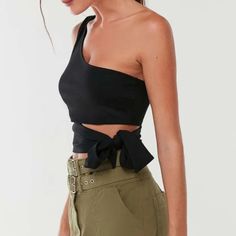 Tie One Shoulder Top Trendy Black One-shoulder Top, Black One Shoulder Crop Top For Summer, Black One-shoulder Crop Top For Summer, Chic Black One Shoulder Crop Top, Chic Black One-shoulder Crop Top, Black One-shoulder Top For Summer, Urban Outfitters Sleeveless Black Crop Top, Urban Outfitters Black Crop Top For Summer, Black Urban Outfitters Crop Top For Summer