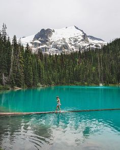 a person walking across a log over a body of blue water with snow covered mountains in the background