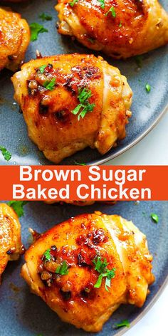 two pictures of brown sugar baked chicken on a plate