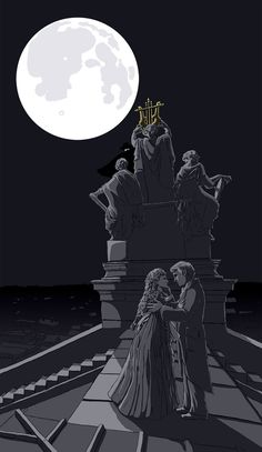 an image of a man and woman kissing in front of the moon on top of a statue