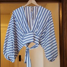 Nwt Bubble Sleeve Bow Tie Shirt Striped Cotton Tops For Brunch, Cotton Striped Tops For Brunch, Striped V-neck Top For Daywear, Oxford Comma, Blue Embroidered Top, Bow Tie Shirt, Velvet Sweatshirt, Boho Tunic Tops, Tie Shirt