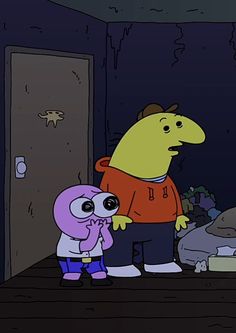 an animated character standing next to a child in a room with other cartoon characters on the floor