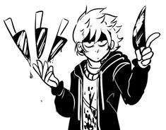 a black and white drawing of a boy holding up two knives in one hand while another holds