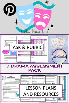 a poster with the words drama and rubric on it, including an image of two masks