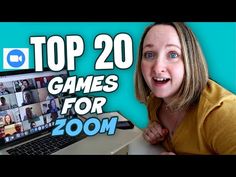 a woman holding up a laptop computer with the words top 20 games for zoom