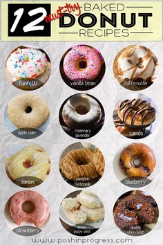 twelve donuts with different toppings and the words 12 doughnut recipes written below