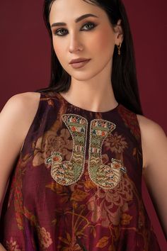 Maroon flared printed peplum kurta with embroidered buttas. Paired with a solid stain color tulip pant. - Aza Fashions Solid Stain Colors, Tulip Pants, Solid Stain, Satin Color, Pants Pattern, Pant Set, Raw Silk, Set For Women, Aza Fashion