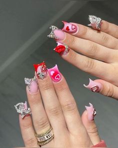 Red Charm Nails, Nails Duck, Nails Jewelry, Vday Nails, Junk Nails, Duck Nails, Hard Nails, Colored Acrylic Nails