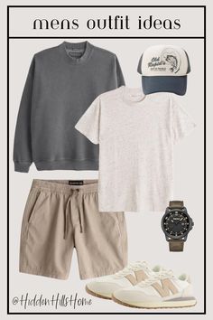 Causal and elevated men’s outfit idea with shorts, an essential tee, and a crew sweatshirt paired with sneakers and a trucker hat Mens Target Outfit, Mens Clothing Styles Florida, Mens Everyday Outfits Summer, Comfy Summer Outfits Men, Athleisure Fashion Men, Man Home Outfit, Abercrombie Mens Outfits, Cool Boy Outfits Aesthetic, Outfit Collage Men