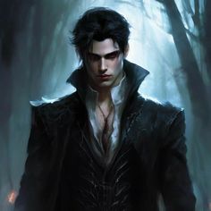 a painting of a male vampire in the woods