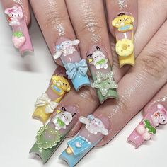 Asian Gel Nail Designs, Sanrio Acrylic Nails, Pompompurin Nails, Sanrio Besties, Pochacco Nails, Kuromi Nail Art, Pink Cute Nails, Sanrio Nail Art, Coffin Tips