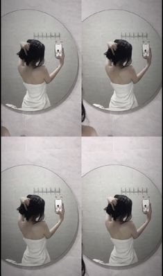 four pictures of a woman taking a selfie in front of a mirror with her cell phone