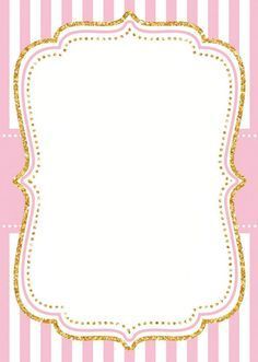 a pink and white striped background with a gold frame in the center, on top of a