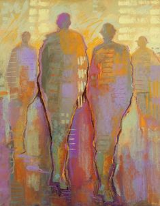 an abstract painting of three men standing in front of each other with their backs to the camera