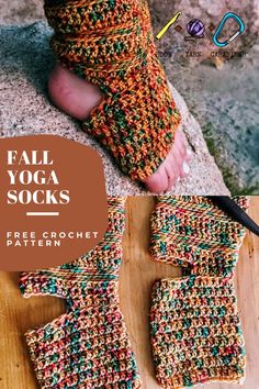 an image of someones feet with crocheted socks on them and text overlay that says fall yoga socks free crochet pattern