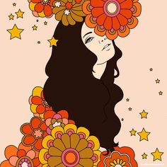 a woman with flowers in her hair and stars around her head on a pink background