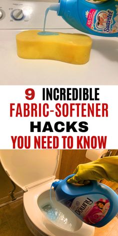 someone is cleaning the toilet with fabric softener hacks and it's bottle