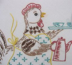 a drawing of a chicken holding a teapot and cup on top of a table